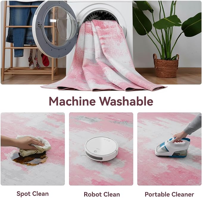 Kelarea Pink Nursery Rug for Baby Girl, 6x9 Modern Abstract Washable Rugs for Kid's Bedroom, Low Pile Non Slip Large Carpet for Dorm, Living Room, Kids Playroom