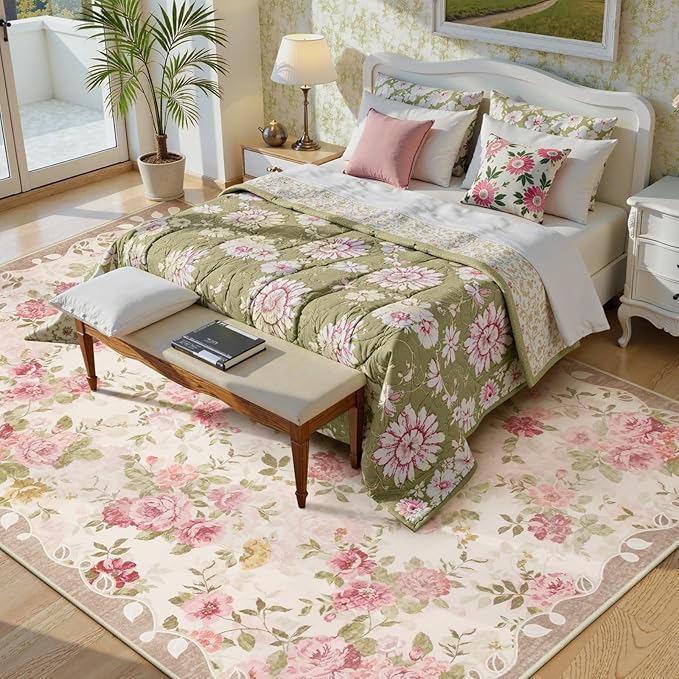 Lahome Floral Washable Rugs 9x12, Large Area Rugs for Living Room | Soft Non-Slip Thin Vintage Boho Bedroom Carpet for Dining Room Playroom Nursery Farmhouse, Nina Beige/Pink/Multi