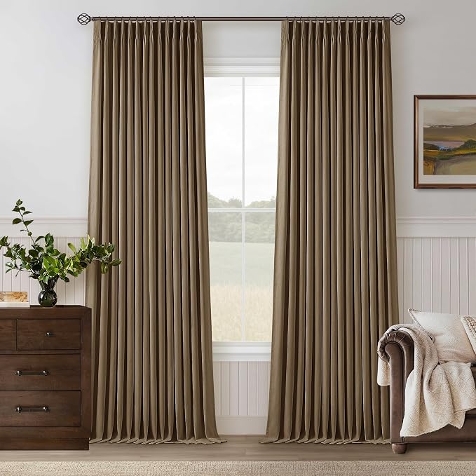 Dutch Cocoa Pinch Pleated 100% Blackout Linen Bedroom Curtains 96 Inch Long | Double Layer Curtains, Pinch Pleat Rings Hooks Back Tab, Black Out Room Darkening, Memory Shape, for Living Room, 2 Panels