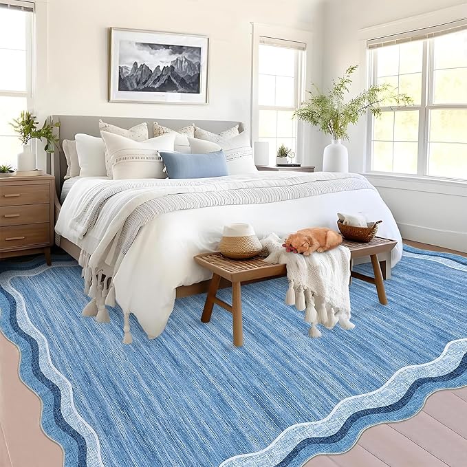 Garvee Scalloped 5x7 Rugs Washable Area Rugs for Living Room,Modern Stain Resistant Solid Rug for Bedroom Kids Room, Scalloped Low Pile Non-Slip Neutral Rug for Dining Room Home Office Dorm,Blue | Rugs for Living Room, Non-Slip Soft Carpet for Bedroom,...