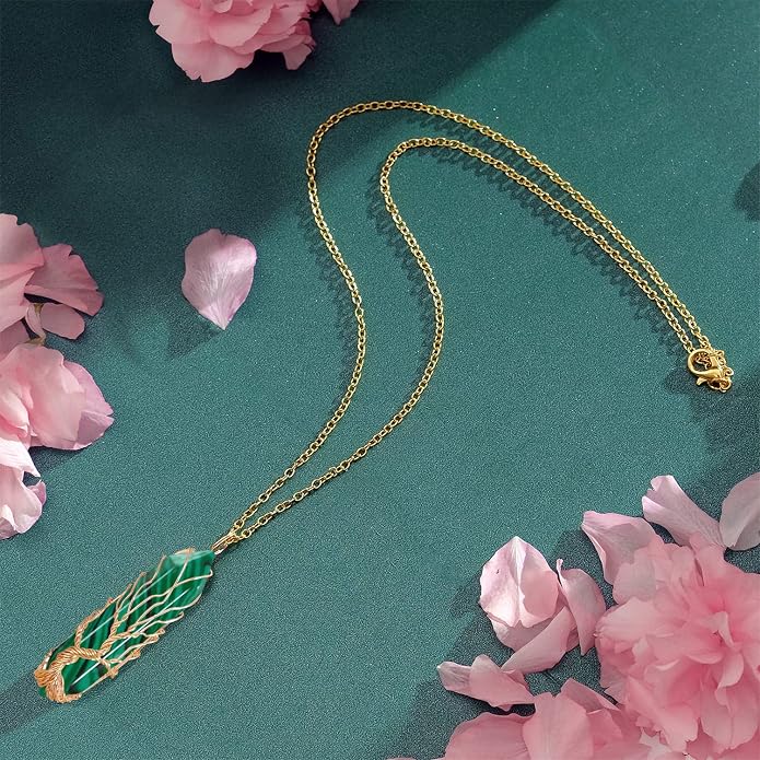 VIBILIA Healing Crystal Necklace Tree of Life Wire Wrapped Natural Stone Point Pendant Necklace Hexagonal Reiki Spiritual Quartz Gemstone Jewelry for Women Men