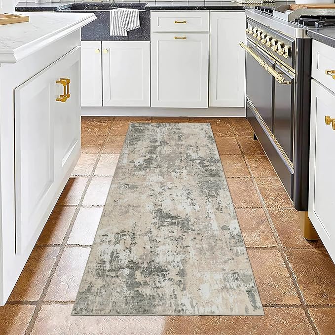ROYHOME Modern Abstract 2x7 Runner Rug Washable Non Slip Stain Resistant Rug for Hallway Kitchen Bedroom Non Shedding Low Pile Indoor Floor Cover,Grey Yellow