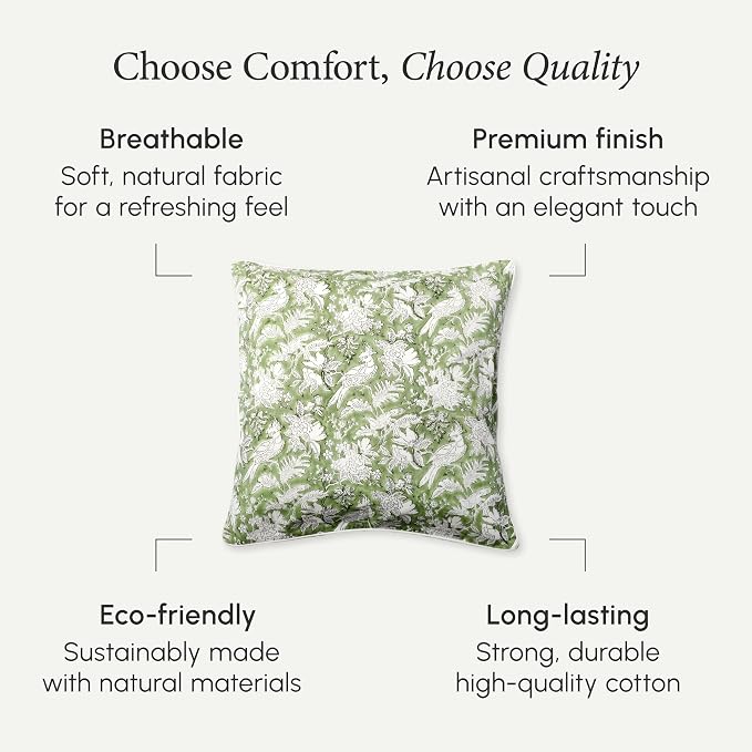 CPC 100% Cotton Throw Pillow Covers 18x18 Inch, Set of 2 Green Block Print Pattern Couch Pillow, Cute Boho Decorative Pillows for Living Room, Bedroom with Hidden Zipper- Olive Green