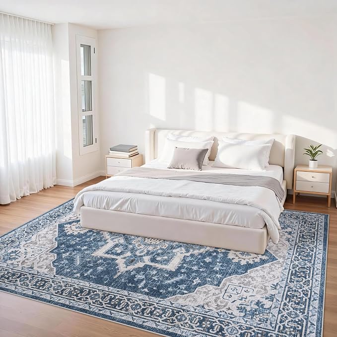 5x7 Area Rugs for Living Room:Blue Washable Vintage Medallion Boho Rug Non-Slip No Slip Stain Resistant Soft Low Pile Large Rugs Indoor Retro Carpet for Bedroom Nursery Dining Office (Blue 5'x7')