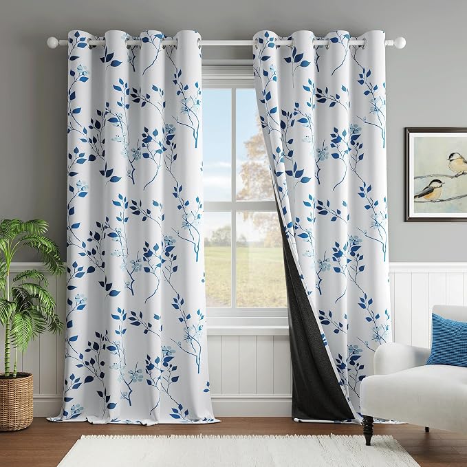 Beauoop Floral 100% Blackout Curtains for Bedroom Navy Blue 52X84 2 Panels | Flower Patterned Navy White Room Darkening Drapes for Living Room Thermal Insulated Soundproof Window treatment Grommet