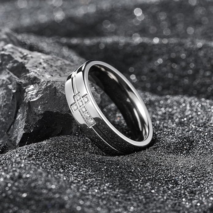 King Will Men's Titanium Wedding Band - 8mm Polished Band with Step Edges and Cross Design Featuring White Zirconia Insets Comfort Fit Size 7-14