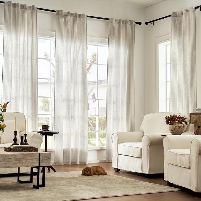 jinchan Linen Curtains 96 Inch Taupe Grey Stripe on Beige Back Tab 2 Panels | Curtains For Living Room Bedroom,Ticking Stripe, Farmhouse Cottage Core Rustic,Rod Pocket Window Treatment,Light Filtering