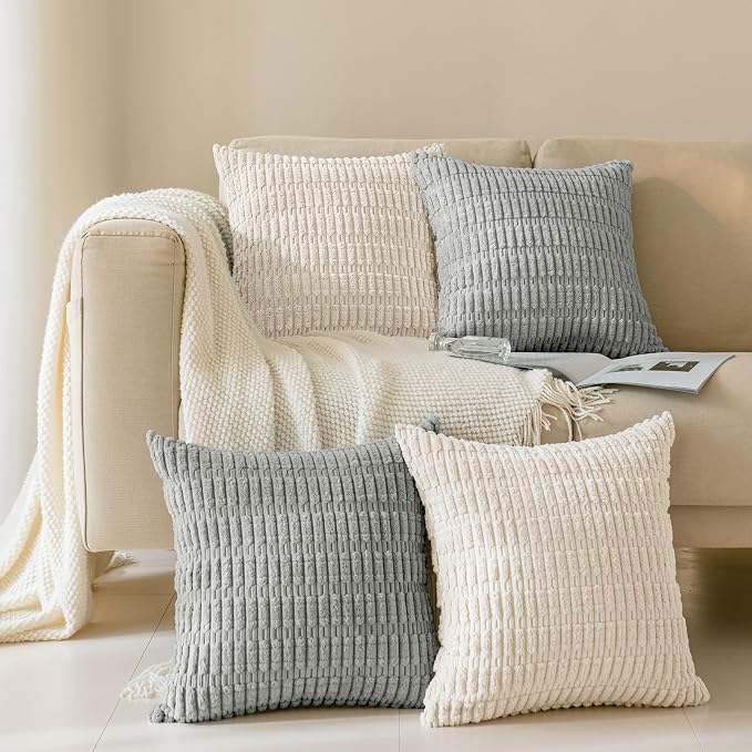 Softalker Corduroy Throw Pillow Covers 16x16 Inch Set of 2, Soft Plush Decorative Square Cushion Cases for Living Room Couch Sofa, Modern Farmhouse Boho Home Decor, Grey