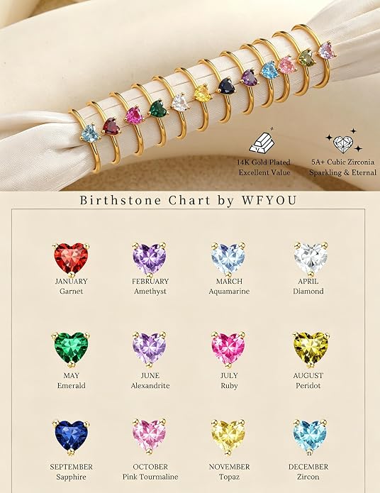 WFYOU Gold Heart Birthstone Rings for Women 14K Gold Plated Non Tarnish Stackable Pinky Cubic Zirconia Rings Emerald Dainty Gemstone Thumb Ring Band Cute Jewelry Birthday Gift Size 5-10
