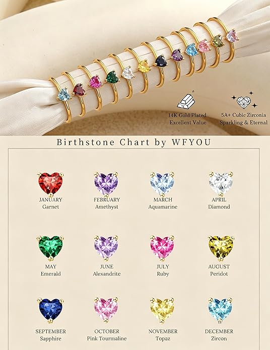 WFYOU Gold Heart Birthstone Rings for Women 14K Gold Plated Non Tarnish Stackable Pinky Cubic Zirconia Rings Emerald Dainty Gemstone Thumb Ring Band Cute Jewelry Birthday Gift Size 5-10