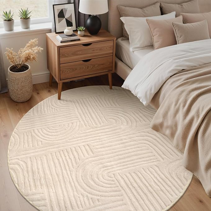 GENIMO Soft Round Rug 8ft, 3D Modern Arch Pattern Washable Area Rugs, High-Low Pile Non Slip Fuzzy Circle Living Room Rug, Non-Shedding Stain Resistant Beige Carpet for Bedroom, Dining Room, Nursery