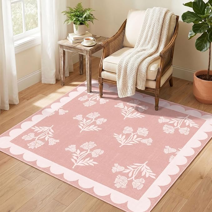 Pink Square Rug 3ft - Soft Washable Floral Boho Bathroom Rug Non Slip 3x3 Stain Resistant Cute Scalloped Square Small Accent Throw Rugs for Entryway Girls Bedroom Kitchen Dorm Bath Powder Room