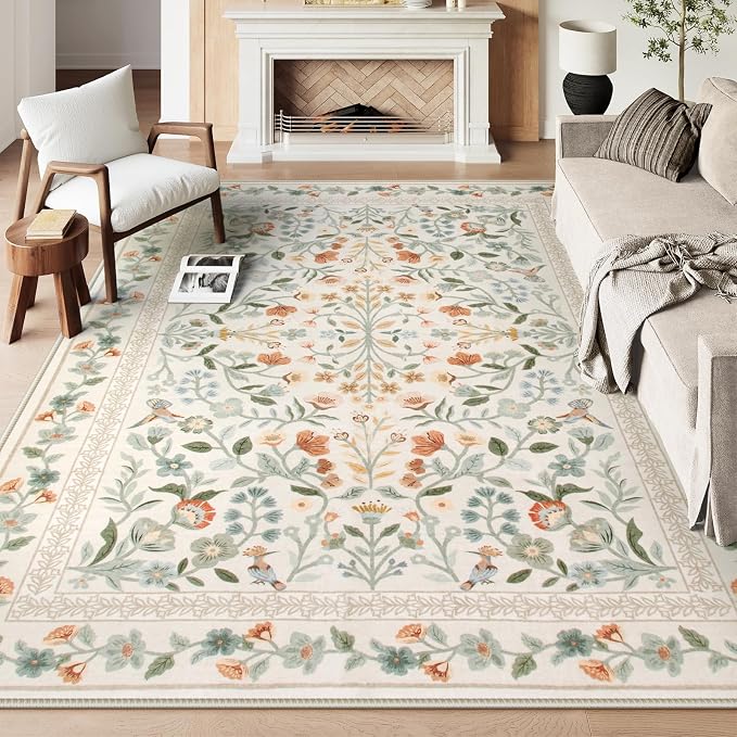 Lahome Floral Washable Area Rug 8x10, Large Vintage Non Slip Carpet for Living Room Bedroom, Low-Pile Soft Boho Rug for Dining Room Home Office, Machine Washable Home Decor, Beige