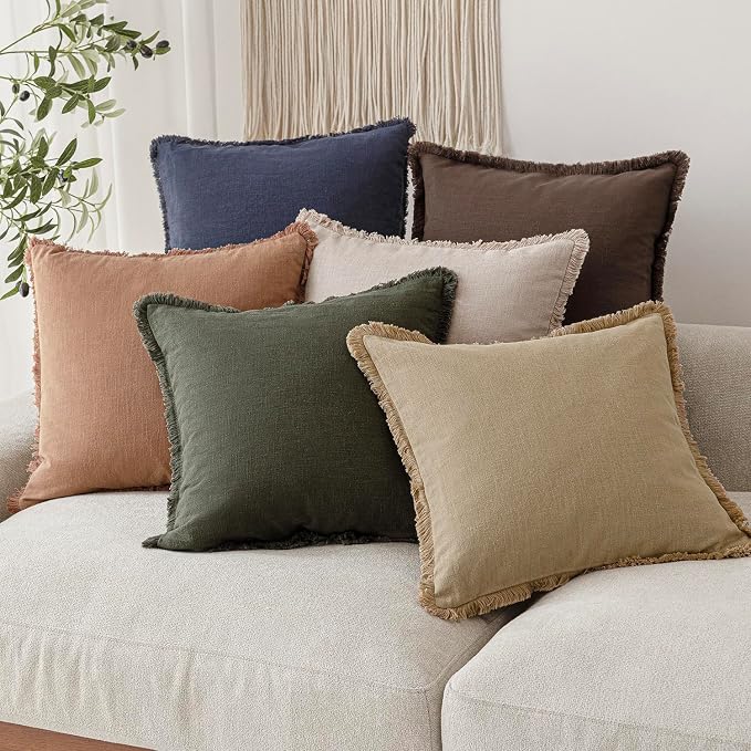 Foindtower Set of 2 Decorative Linen Fringe Throw Pillow Covers Boho Farmhouse Cushion Cover with Tassels Soft Accent Pillowcase for Couch Sofa Bed Living Room Home Decor,26×26 Inch,Light Khaki Taupe