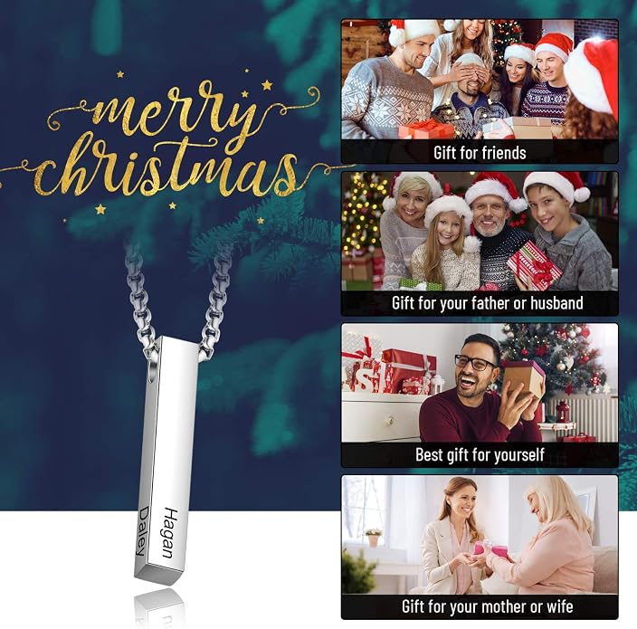 LanM Gifts for Dad Father's Day Gifts Personalized Mens Necklace Custom Name Necklaces for Men Bar Necklace for Women Engraved Initial Name Vertical Bar Necklace for Father