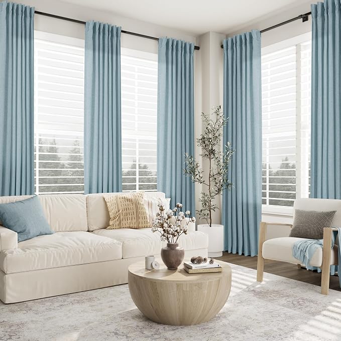 Dusty Blue Pinch Pleated Linen Curtains 84 Inch Length 2 Panels for Living Room Bedroom Light Filtering Semi Sheer Stone Slate Blue Window Curtain Boho Modern Pinch Pleat Drape Hooks 84 Inches Long