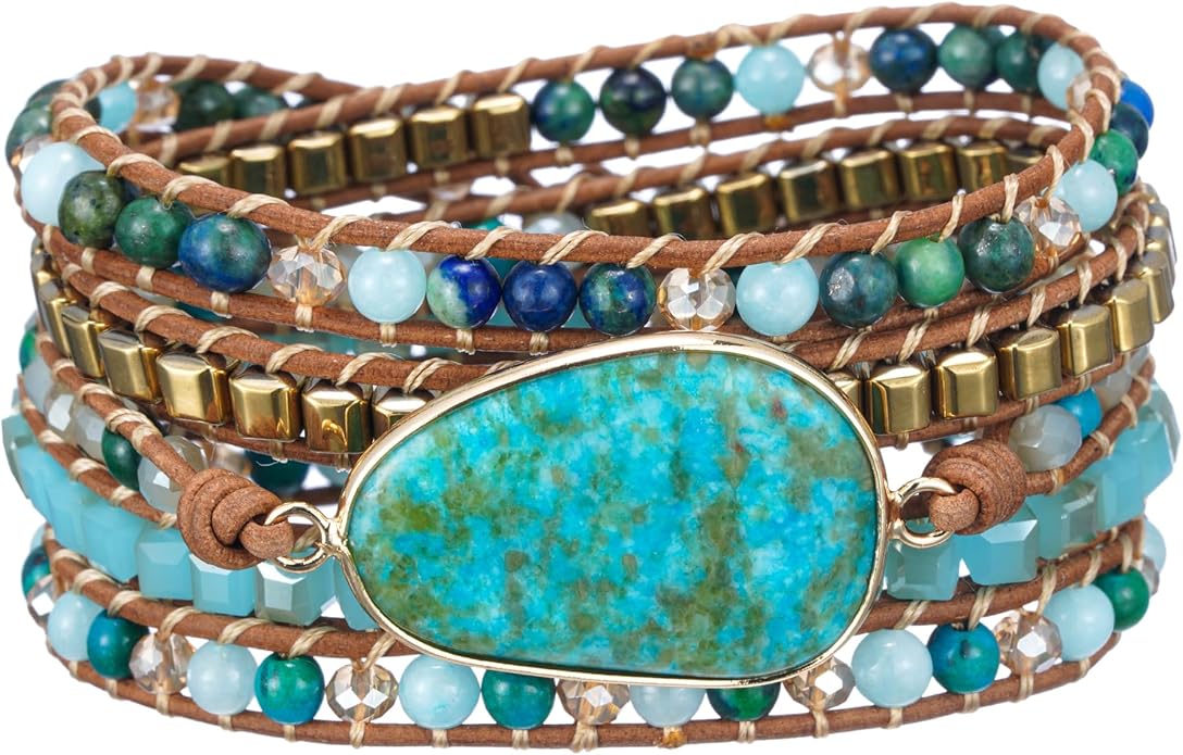 Plumiss Women Boho Handmade Natural Stone Crystal Leather Bead Wrap Bracelets Collection