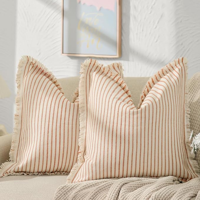 ZWJD Fall Pillow Covers 18x18 Set of 2 Striped Pillow Covers with Fringe Chic Cotton Decorative Pillows Square Cushion Covers for Sofa Couch Bed Living Room Farmhouse Fall Decor, (Burnt Orange)