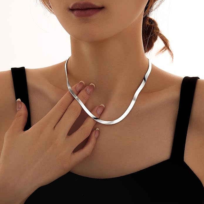 WomenGifts 14K Gold Silver Plated Herringbone Necklace for Women, Dainty Snake Chain Choker, Trendy Simple Long Layered Jewelry Non Tarnish, 3/4/5/8mm,14,16,18,20,22,24,26 Inch Thin & Chunky Options
