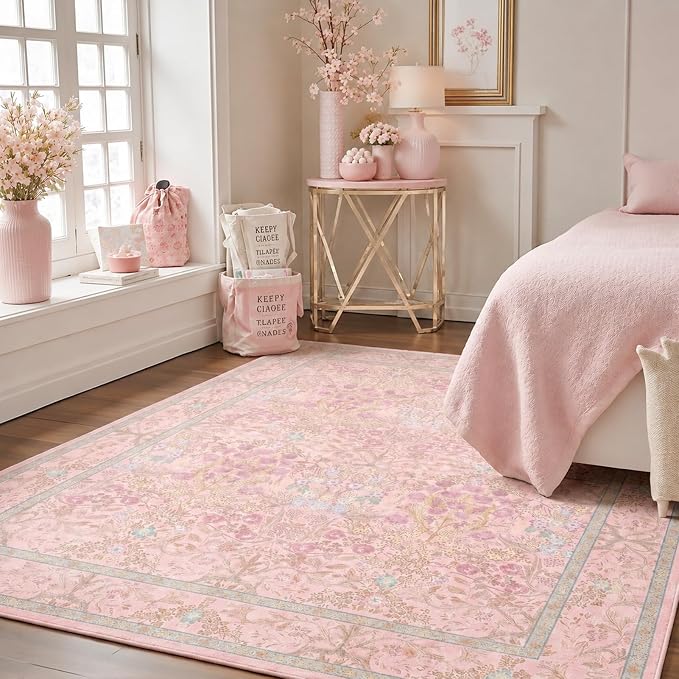 Farmhouse Light Pink Washable Living Room Rug 5x7, Floral Area Rug for Bedroom, Nursery, Dining Room Under Table, Home Office, Low Pile Non Slip Boho Carpet, Soft Cottagecore Botanical Accent Mat