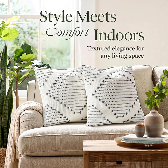 Mecatny Boho Summer Outdoor Throw Pillow Covers 12X20 Set of 2, Farmhouse Lumbar Pillow Covers for Couch Sofa Living Room, Grey & Cream White