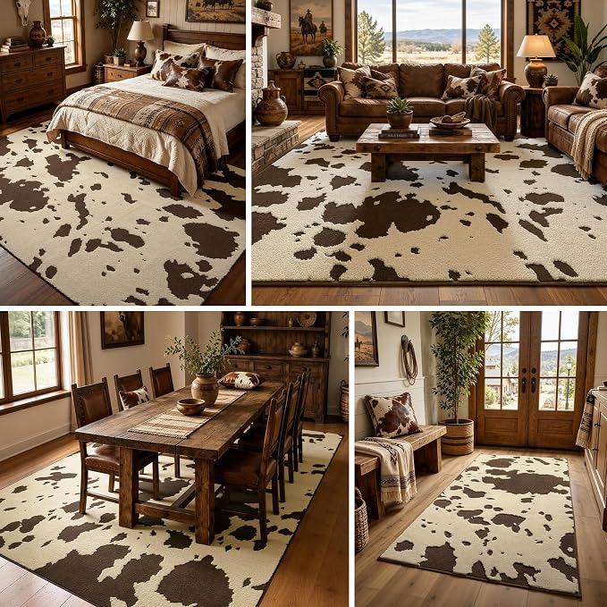 YIHOUSE Cowhide Area Rugs 5×7 Ft, Washable Plush Soft Brown and Cream Cow Rug, Non-Slip High-Low Pile Animal Carpet for Living Room, Bedroom, Dining Room, Nursery, Western Home Decor