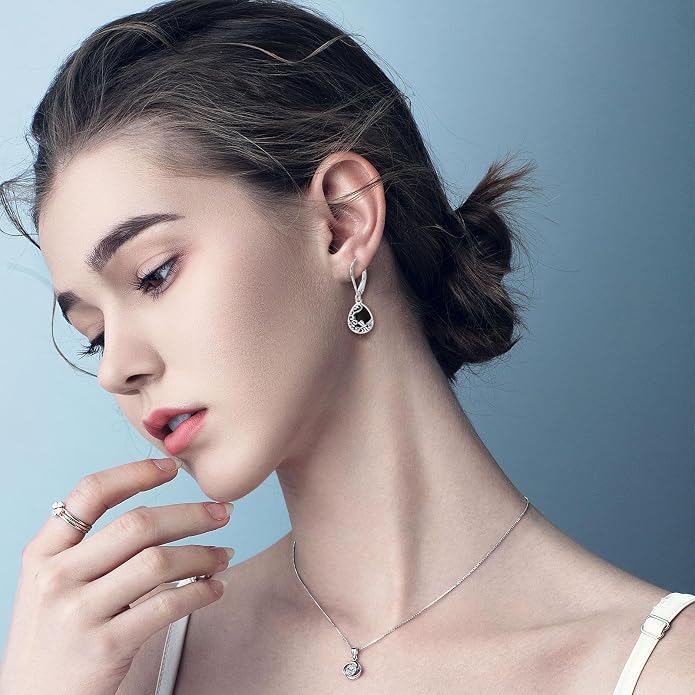Real 925 Sterling Silver Trendy Dangle Earrings for Women | White Gold Plated | Hypoallergenic Turquoise/Black Onyx/Opal Filigree Jewelry Lightweight Celtic Lover Knot Leverback Earrings Gifts