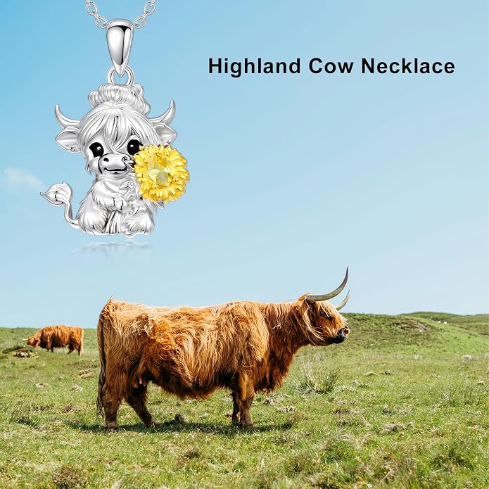 Highland Cow Gifts for Women 925 Sterling Silver Highland Cow Birthstone Necklace Fluffy Cow Jewelry Gifts Birthday Christmas
