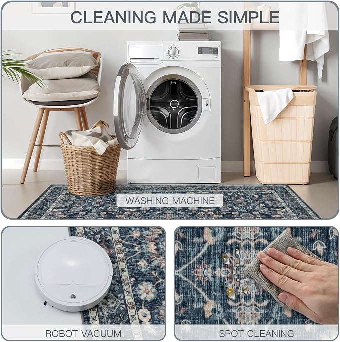 6x9 Vintage Washable Area Rug Blue | Living Room,Low Pile Non Slip Carpet Non-Shedding Soft Indoor Stain Resistant Rug Floral Print Mat for Bedroom Dining Room