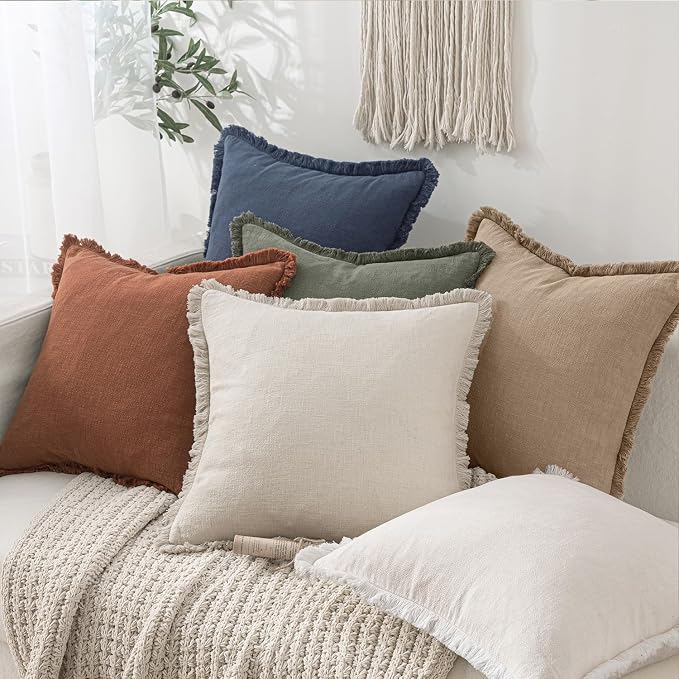 MIULEE Decorative Throw Pillow Covers Neutral Linen Fringe Throw Pillows Euro Shams Set of 2 Camel Boho Farmhouse Cushion Covers for Couch Sofa Bed Living Room Spring Home Decor 26x26 Inch