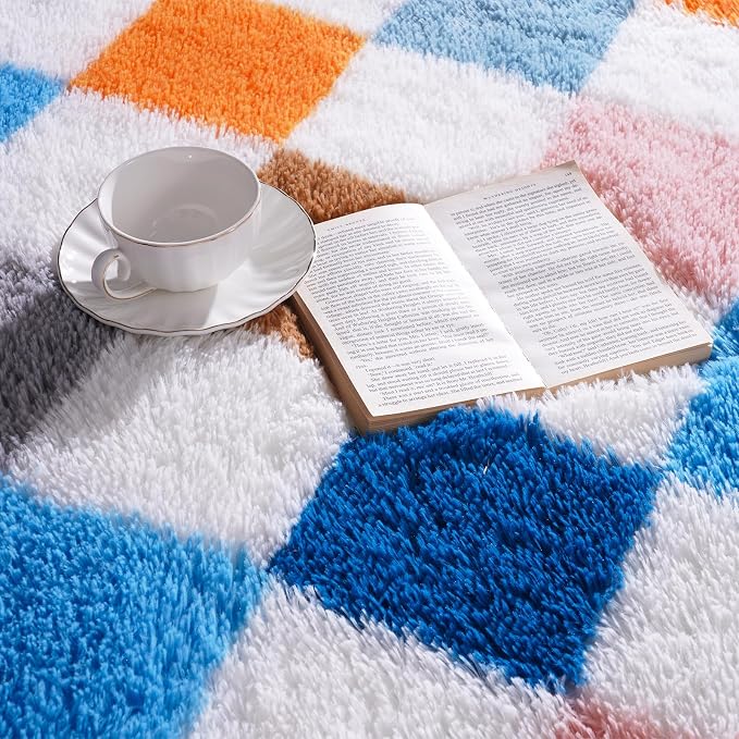 Pionblank 9x12 Area Rug, Large Fluffy Checkered Rugs for Living Room, Shag Rug for Bedroom, Soft Non Slip Shag Carpet for Kids Room Nursery Home Decor, Rainbow