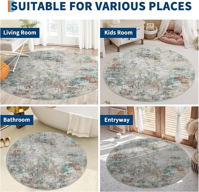 ROYHOME Modern Abstract 6x6 Round Area Rug Non Slip Non Shedding Rug Low Pile Stain Resistant for Bedroom Living Room Office Dining Room,Colorful