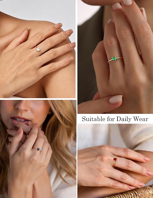 WFYOU Gold Heart Birthstone Rings for Women 14K Gold Plated Non Tarnish Stackable Pinky Cubic Zirconia Rings Emerald Dainty Gemstone Thumb Ring Band Cute Jewelry Birthday Gift Size 5-10