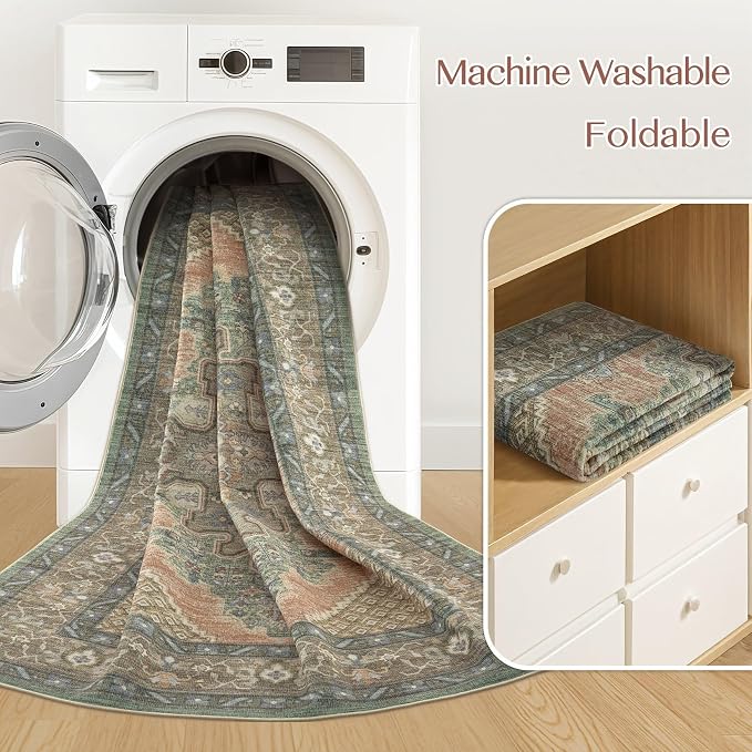 Tortania Area Rug Living Room Rugs - 10x12 Washable Boho Rug Vintage Oriental Distressed Farmhouse Large Thin Indoor Carpet for Living Room Bedroom Under Dining Table Home Office - Sage Terracotta