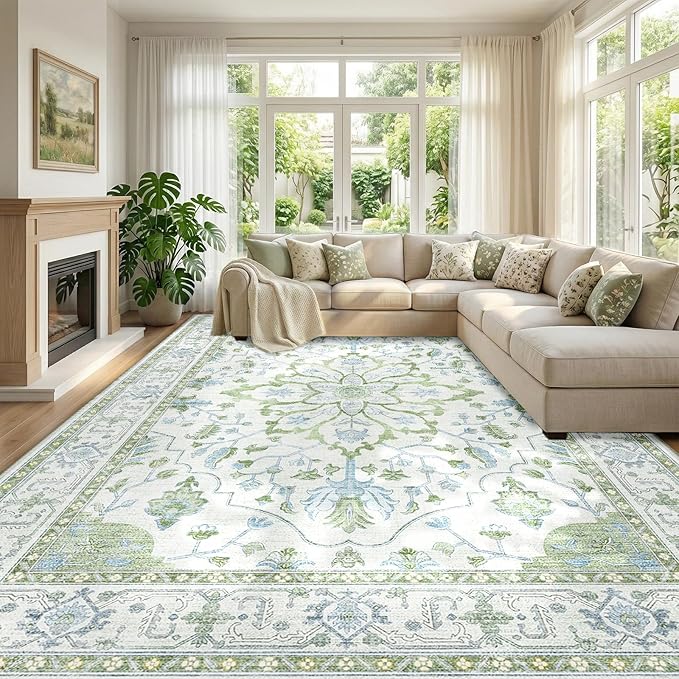 RELEANY Area Rugs Large 10'x14' Washable Non-Slip, Floral Vintage Distress Medallion Carpet for Living Room Bedroom Dining Room, Green White Blue