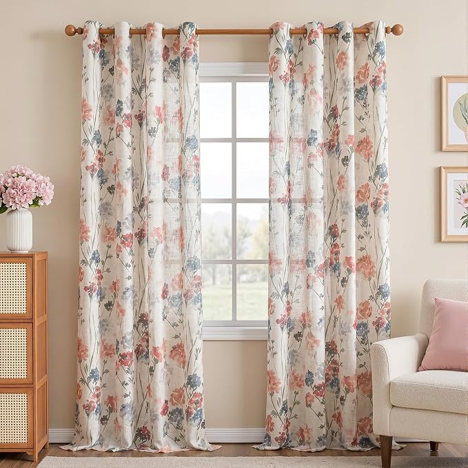 MYSKY HOME Floor to Ceiling Linen Floral Curtains 108 Inch Length 2 Panels Semi Sheer Light Filtering Farmhouse Flower Printed Window Grommet Drapes for Dining Room, 52" W Each Panel, Red