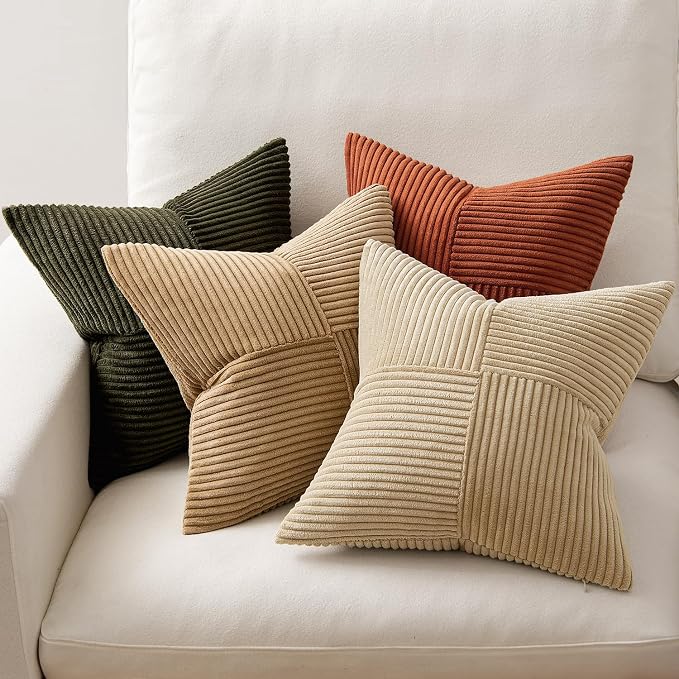 MIULEE Rust-Olive Green Decorative Throw Pillow Covers 16x16 Inch Set of 4 Boho Color-Clash Cushion Cases Farmhouse Pillow Cases Corduroy Striped Home Decor for Couch Sofa Living Room Bed