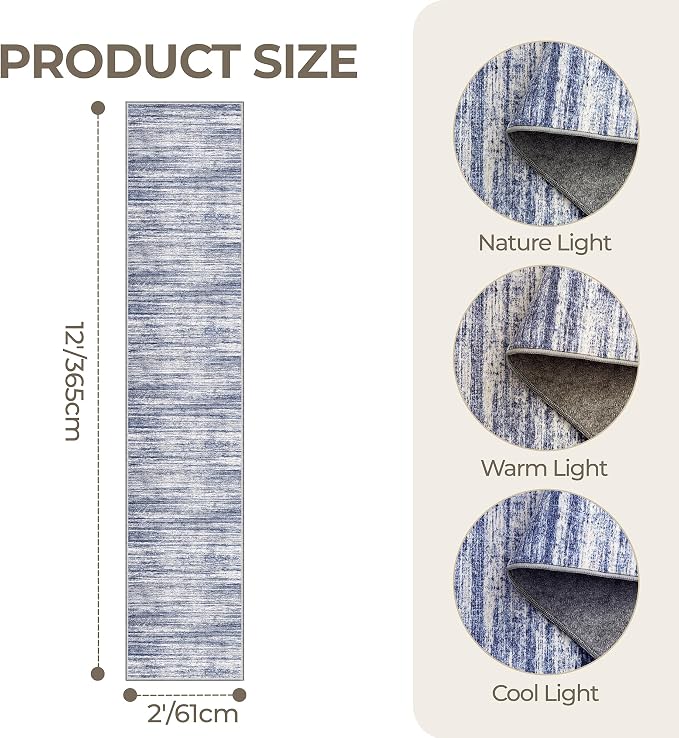 2x12 Runner Rug Non Slip,Washable Hallway Runner Rug,Blue | Long Neutral Rugs for Kitchen,Entryway,Bedroom,Bathroom,Laundry Room,Thin,Soft Runner Rug,Stain Resistant Indoor Carpet