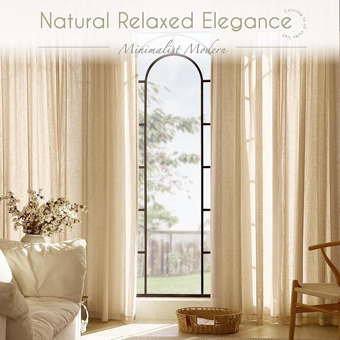 Tan Linen Curtains 108 inches Long for Living Room Back Tab Rustic Farmhouse Semi Sheer Light Filtering Window Curtain Dining Room Soft Thick Flax Linen Textured Drapes Kahki 52x108