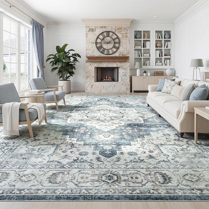 Lessymo Washable Area Rug for Living Room,10x14 Large Rugs with Non-Slip Backing,Soft Boho Carpets for Bedroom Dining Room Nursery Home Office,Blue Grey/Beige