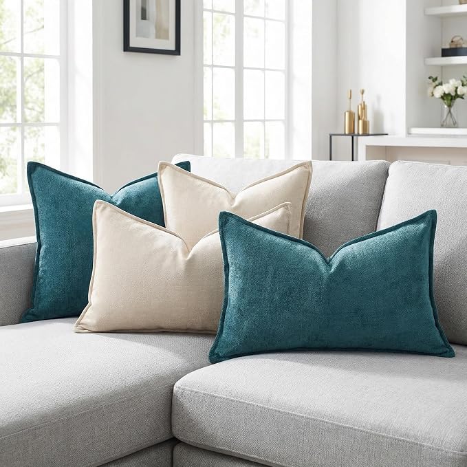 12x20 Inches Throw Pillow Covers Set of 4 Soft Textured Chenille Decorative Cushion Cases for Couch Sofa Bed Modern Farmhouse Neutral Accent Covers with Hidden Zipper Beige Green