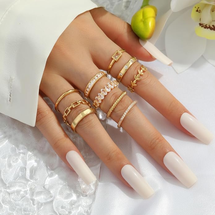 RLMOON 8-12PCS 14K Gold Ring Set for Women Non Tarnish Dainty Silver Rose Gold Thumb Stackable Stacking Rings Heart CZ Pinky Rings Plain Band Size 4-12