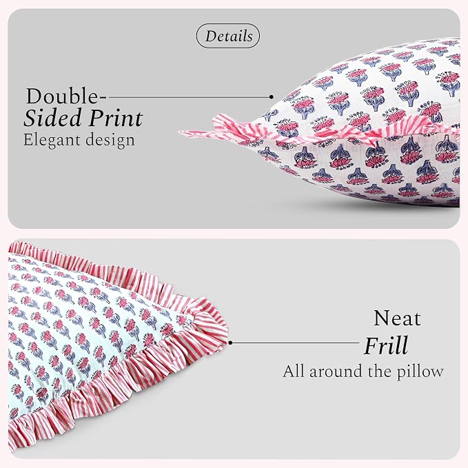 CPC Pink Sapphire Ruffle Throw Pillow Covers for Couch, 24x24 Inch Cotton Stripe Ruffle Couch Pillows for Living Room, Hidden 20 Inch Zipper Boho Pillow Case or Cute Outdoor Pillows
