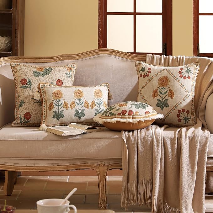 patdrea French Vintage Linen Throw Pillow Cover,Set of 4-RosaSilvestre | Decorative Pillow Case with Zipper,Yellow Floral Pattern,Cushion Coverfor Couch Living Room Bedroom Sofa