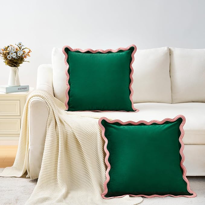 MONDAY MOOSE Decorative Throw Pillow Covers Cushion Cases, Set of 2 Soft Velvet Scalloped Wavy Edge Designs, Mix and Match for Home Decor, Pillow Inserts Not Included (22x22 inch, Pink/Green)