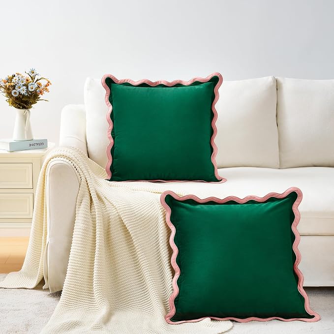 MONDAY MOOSE Decorative Throw Pillow Covers Cushion Cases, Set of 2 Soft Velvet Scalloped Wavy Edge Designs, Mix and Match for Home Decor, Pillow Inserts Not Included (16x16 inch, Pink/Green)