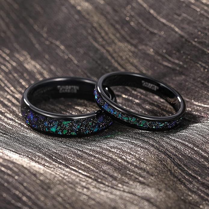 TRUMIUM 4mm 6mm Wedding Rings for Men Women Tungsten Carbide Galaxy Opal and Sandblast Inlay Multi-Colored Mens Wedding Band Beveled Edges Comfort Fit Size 5-13