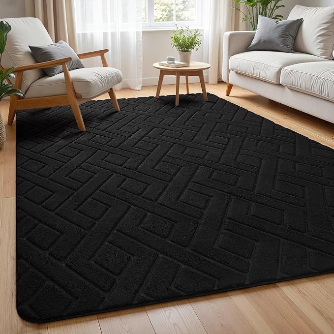 Macgace Ultra Soft Black Area Rug for Living Room, 6x9 Modern Geometric Shag Rugs with Nonslip Backing for Bedroom, Washable Fuzzy Carpet for Cozy Kids Room