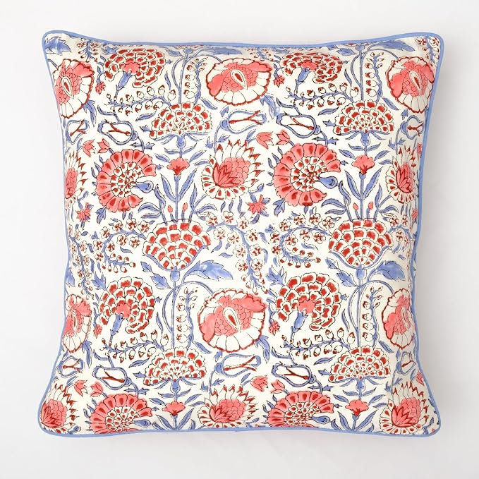 Ridhi Block Print Flamingo Pink Pillow Cover 24" x 24" (Pack of 2) Decorative Couch Pillows for Living Room, Farmhouse Chic Boho Cute Outdoor Pillows Covers Gifts for Spring, Mother's Day
