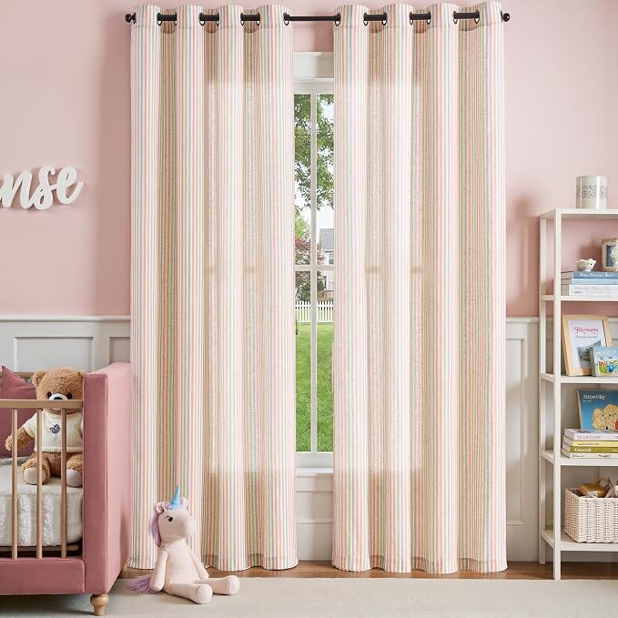 jinchan Linen Curtains 84 inch Candy Stripe for Kids Room Grommet 2 Panels | Kids Curtains for Living Room Baby Girls Room,Ticking Stripe,Nursery Drapes, Window Treatments,Cottagecore,Light Filtering
